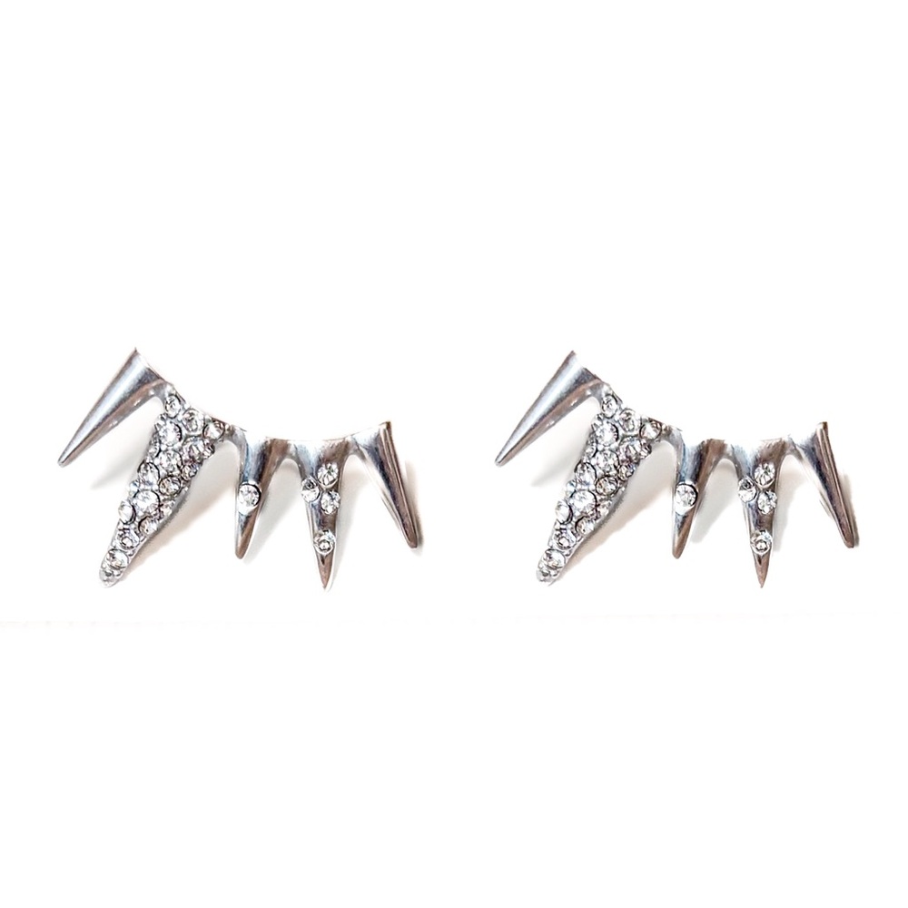 NEW - Dazzling Silver Spike Pave Rhinestone Statement Post Ear Cuffs Climbers - Picture 4 of 5
